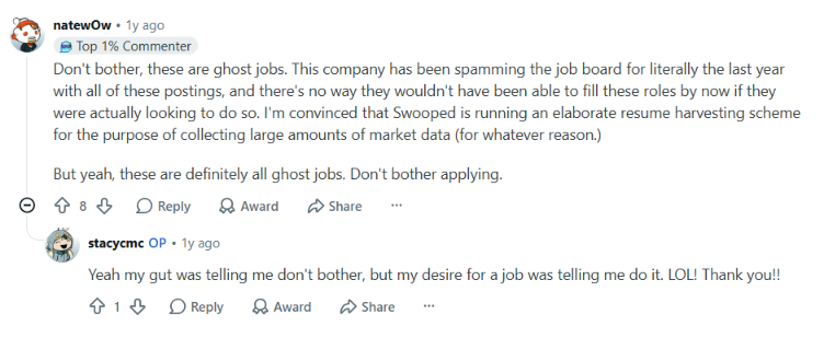 Reddit comment thread where a Top 1% Commenter warns that Swooped's job postings are ghost jobs and speculates the site harvests resume data, with the original poster replying they'll skip applying.
