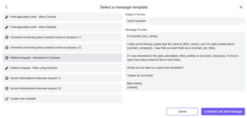 Swooped message template selector showing networking outreach options on the left and a referral request message preview with fillable placeholder fields on the right.