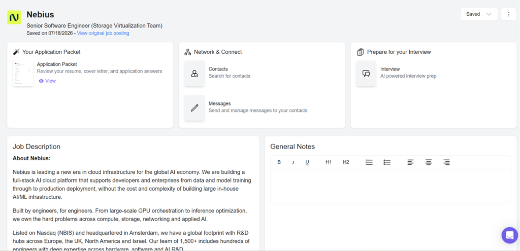 Swooped job detail page for a Nebius Senior Software Engineer role, with sections for the a