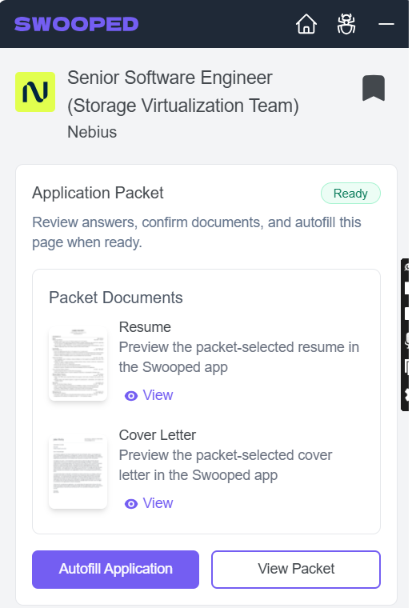 Swooped Chrome extension panel open beside a Nebius job application form, showing optional questions needing attention and packet documents while autofilling location and cover letter fields.