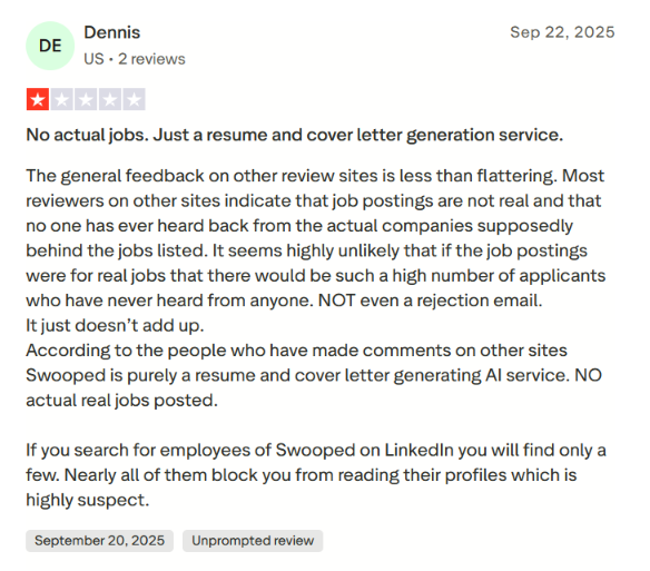 One-star Swooped review from Dennis (US) dated Sep 22, 2025, claiming the platform posts no real jobs and functions only as an AI resume and cover letter generator.