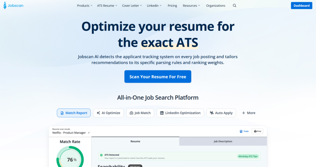 Jobscan-Startseite mit der Überschrift "Optimiere deinen Lebenslauf für das exakte ATS" und einer Schaltfläche "Lebenslauf kostenlos scannen" über einem Beispiel-Lebenslaufscan mit einer Übereinstimmungsrate von 76%.