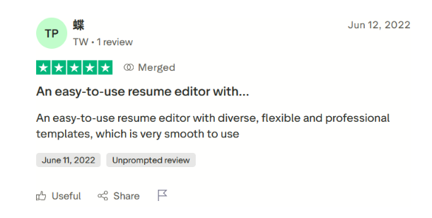 Fünf-Sterne-Trustpilot-Bewertung von einem in Taiwan ansässigen Nutzer, der Cake als benutzerfreundlichen Lebenslauf-Editor mit vielfältigen, professionellen Vorlagen bezeichnet.