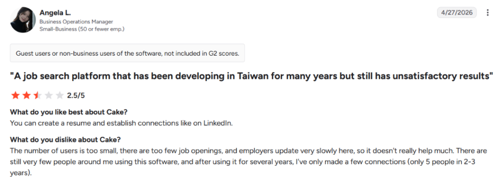 Zweieinhalb-Sterne-G2-Bewertung von Angela L. mit dem Titel "Eine Jobsuche-Plattform, die sich seit vielen Jahren in Taiwan entwickelt, aber immer noch unbefriedigende Ergebnisse liefert", in der die Lebenslauf- und Networking-Funktionen gelobt werden, aber zu wenige Nutzer und Stellenangebote sowie eine geringe Arbeitgeberaktivität angeführt werden.