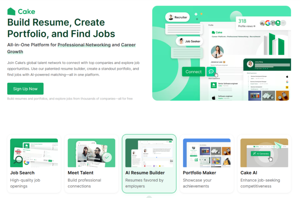Cake-Startseite mit der Überschrift "Lebenslauf erstellen, Portfolio gestalten und Jobs finden" und einer Schaltfläche „Jetzt registrieren“, darüber fünf Funktionskacheln für Jobsuche, Talente treffen, KI-Lebenslauf-Builder, Portfolio-Maker und Cake AI.