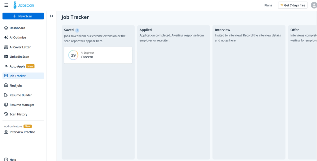 Jobscan Job Tracker Board mit den Spalten „Gespeichert“ (Saved), „Beworben“ (Applied), „Vorstellungsgespräch“ (Interview) und „Angebot“ (Offer), das eine gespeicherte KI-Ingenieur-Rolle bei Careem in der Spalte „Gespeichert“ zeigt.