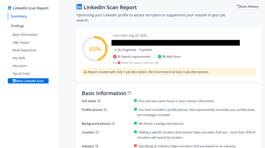 Jobscan LinkedIn Scan Bericht, der eine Profilpunktzahl von 45%, 31 zu verbessernde Punkte, 35 gut gemachte Punkte und eine Checkliste für grundlegende Informationen anzeigt.