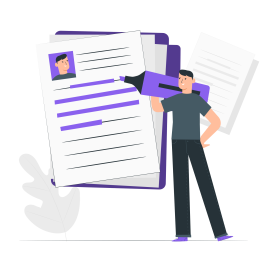 Illustration of person standing next to oversized documents and folders